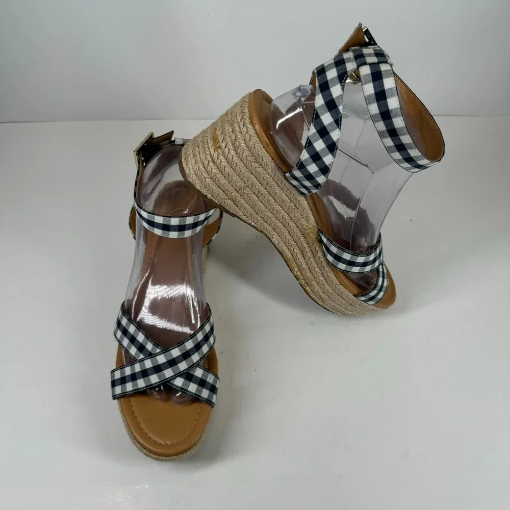 J.Crew Women's US 8.5 Navy Blue Gingham Flatform Espadrille Wedge Sandals L4669